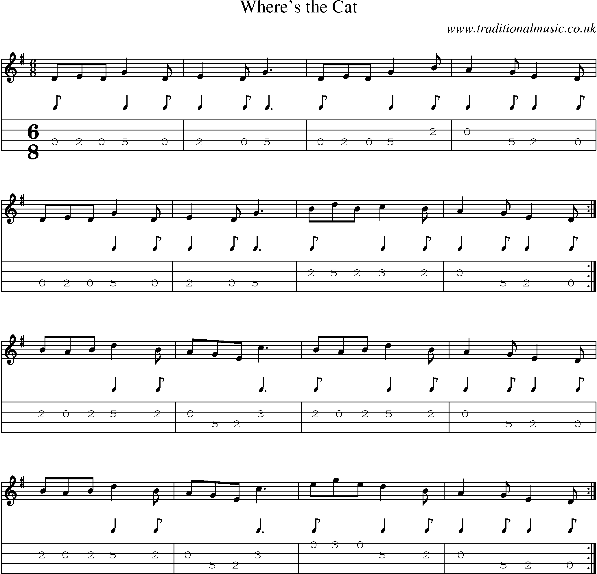 Music Score and Mandolin Tabs for Wheres Cat