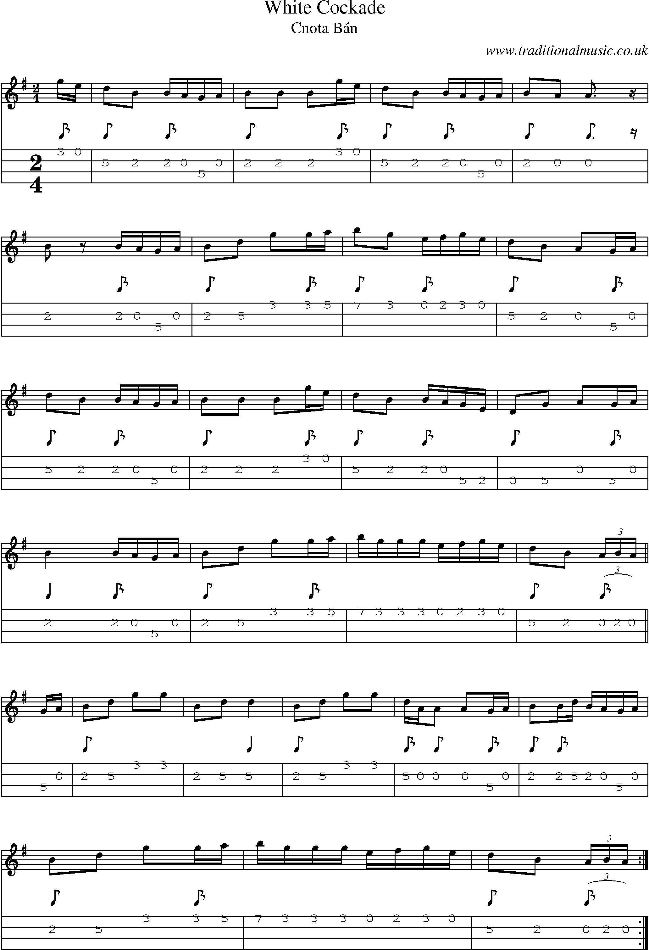 Music Score and Mandolin Tabs for White Cockade