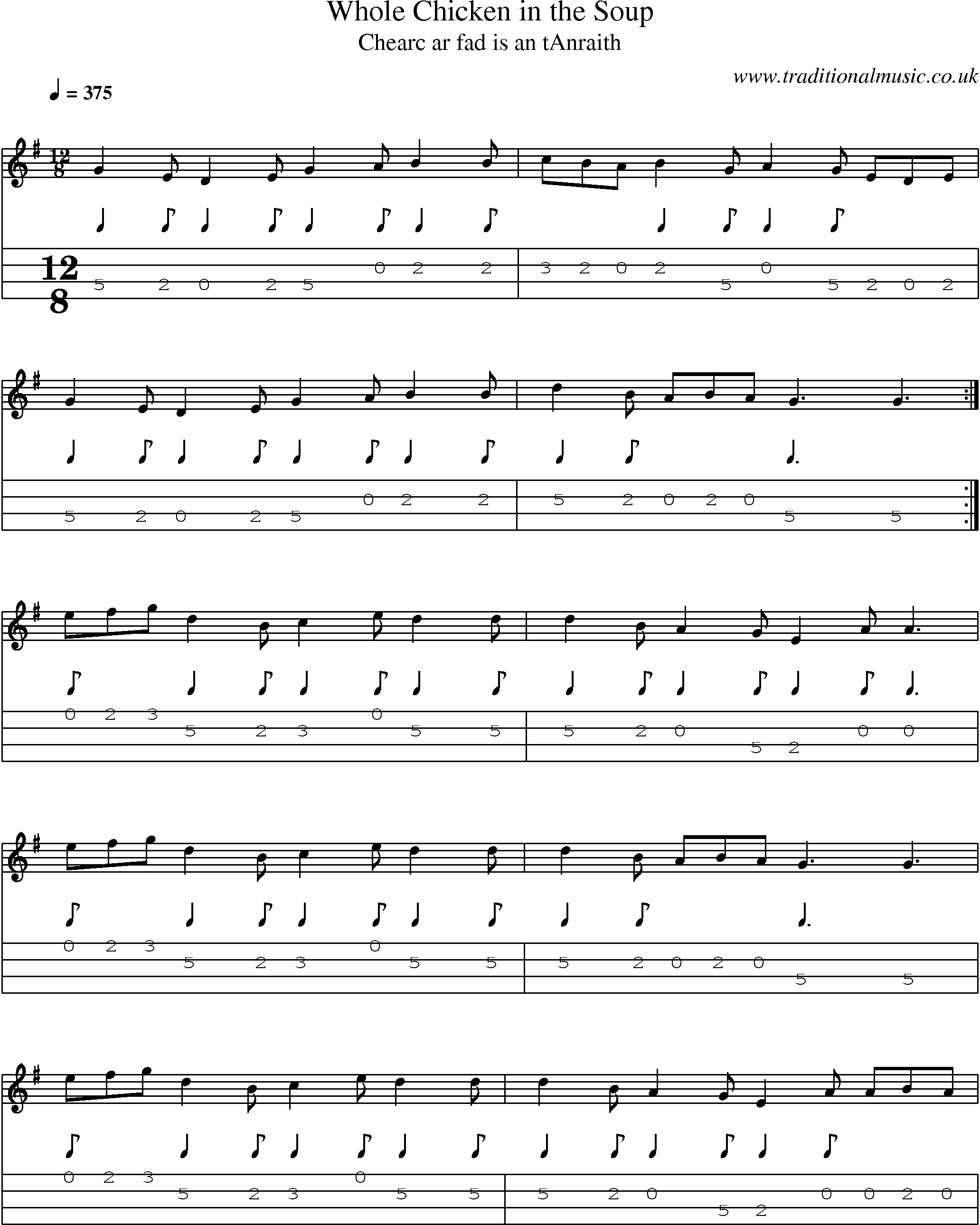 Music Score and Mandolin Tabs for Whole Chicken In Soup