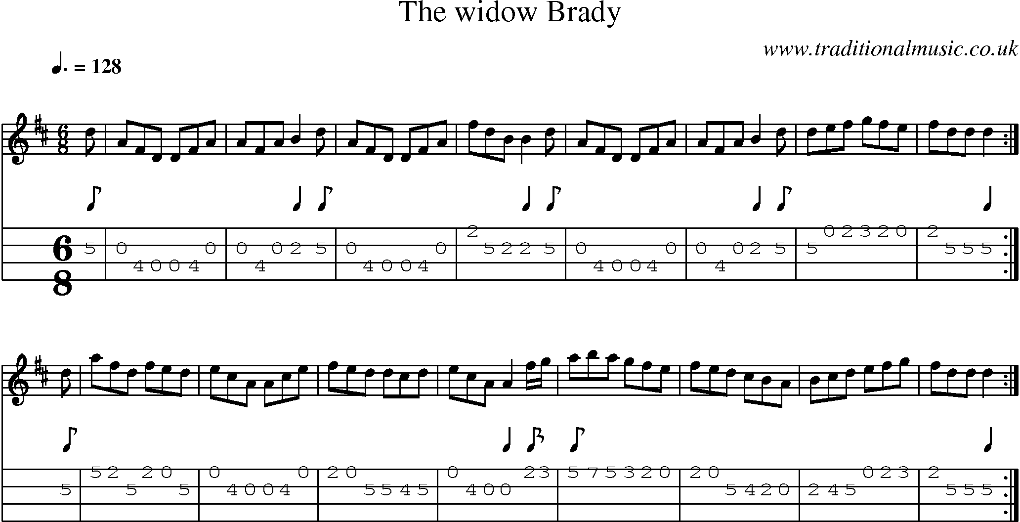 Music Score and Mandolin Tabs for Widow Brady
