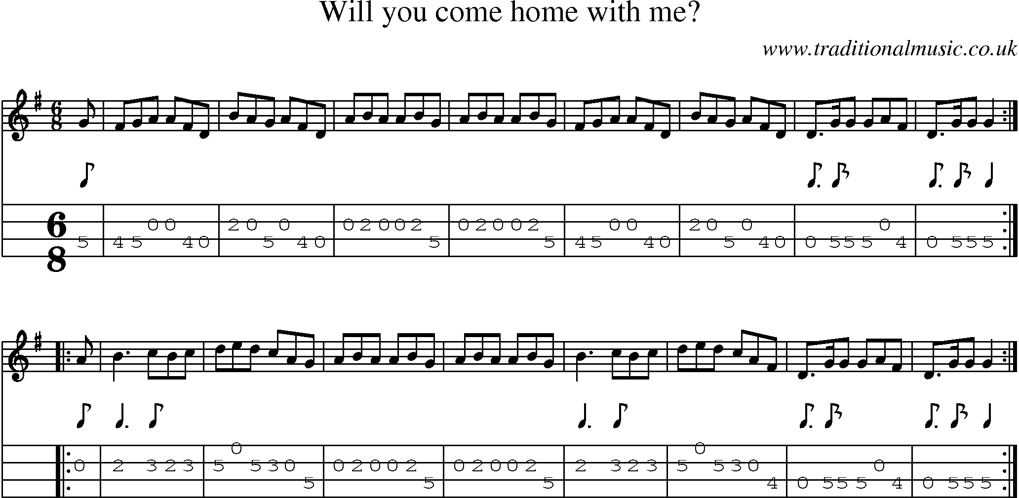 Music Score and Mandolin Tabs for Will You Come Home With Me