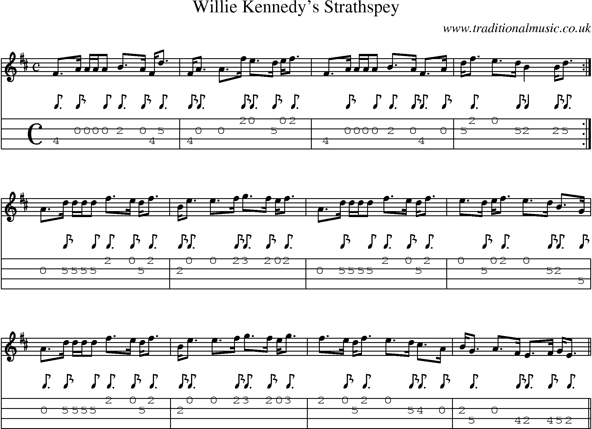 Music Score and Mandolin Tabs for Willie Kennedys Strathspey