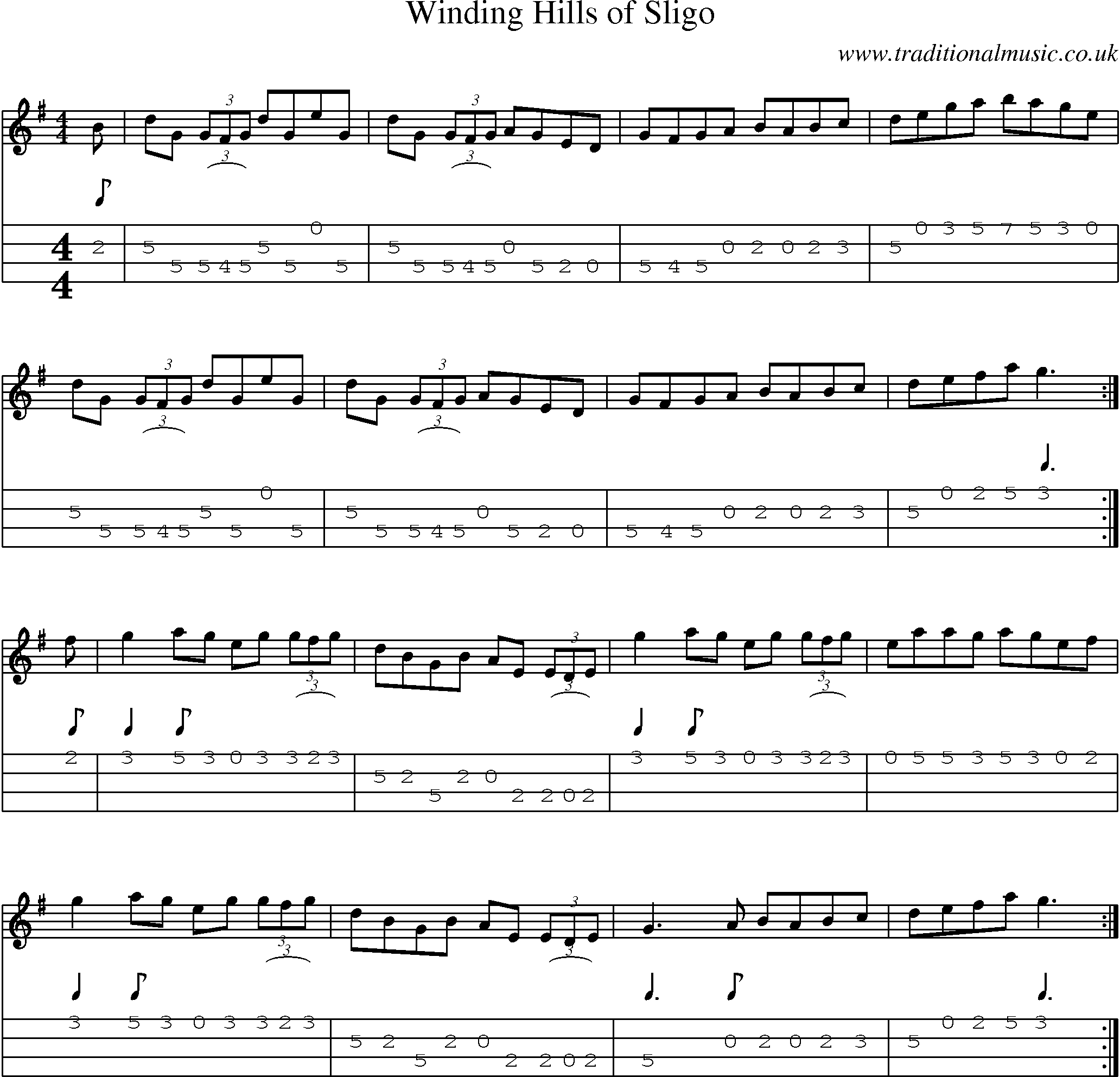 Music Score and Mandolin Tabs for Winding Hills Of Sligo