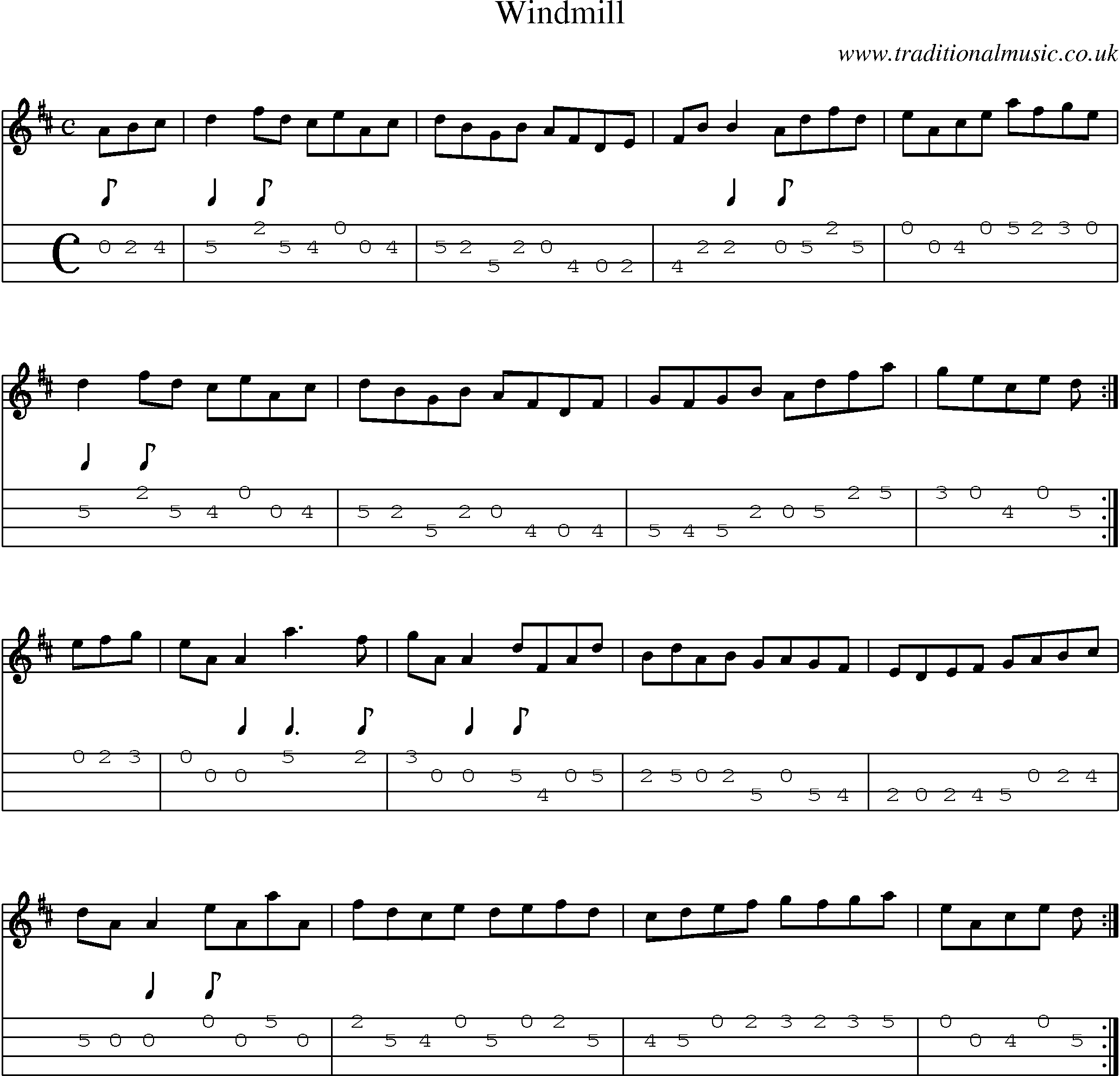 Music Score and Mandolin Tabs for Windmill