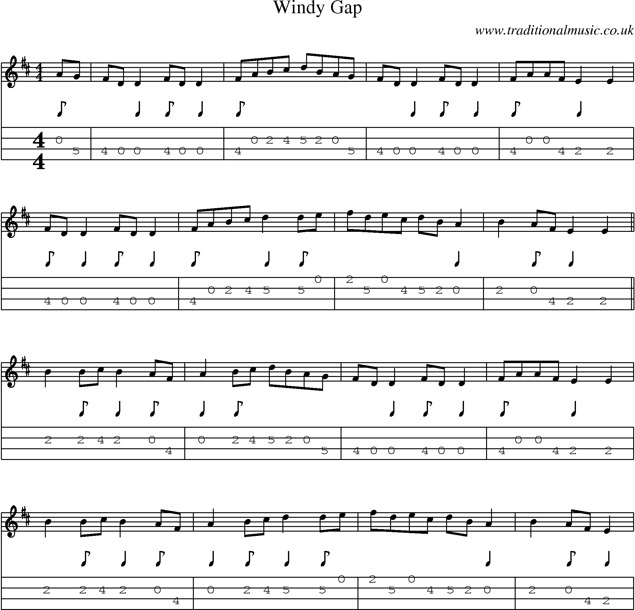 Music Score and Mandolin Tabs for Windy Gap
