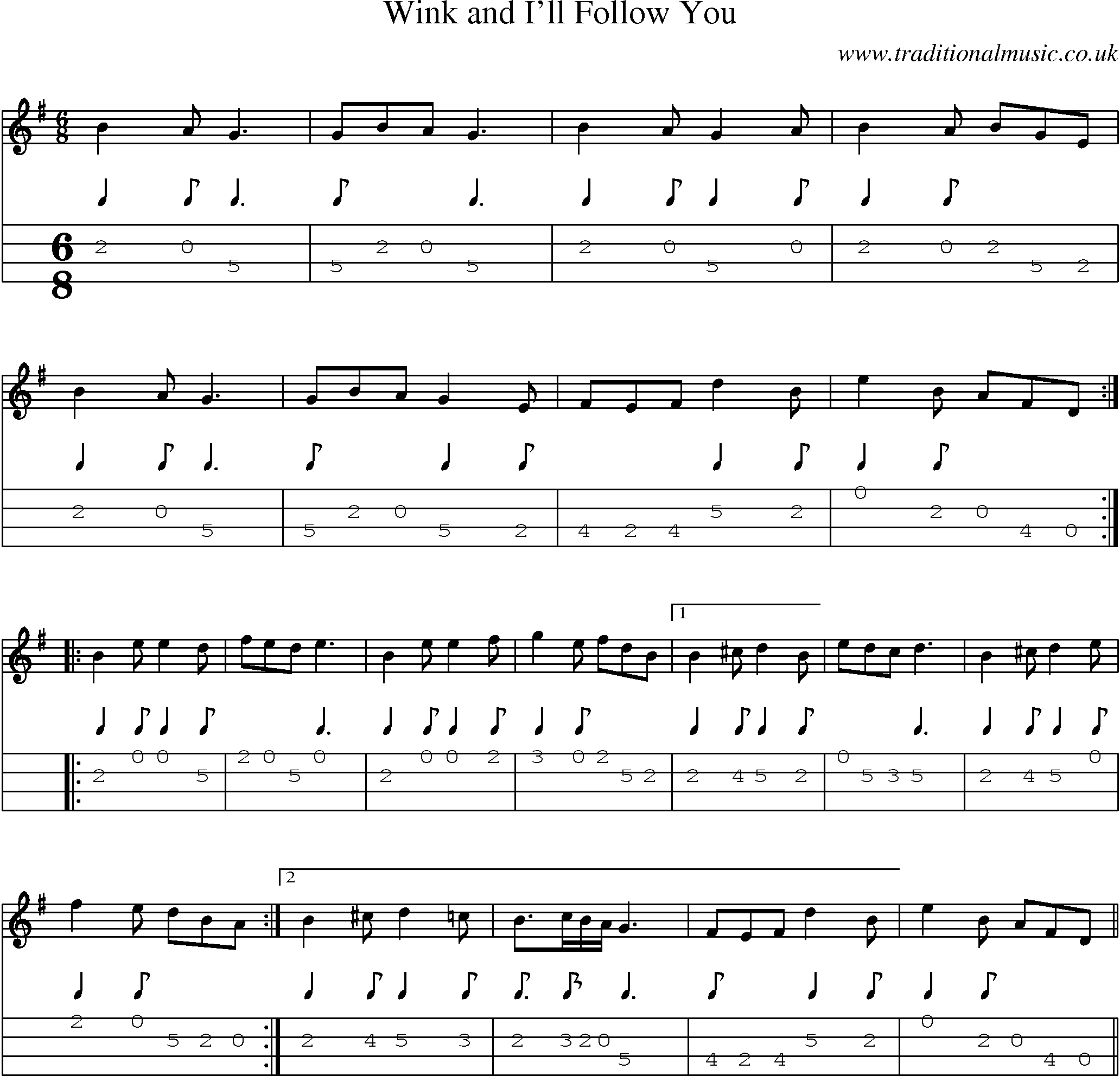 Music Score and Mandolin Tabs for Wink And Ill Follow You