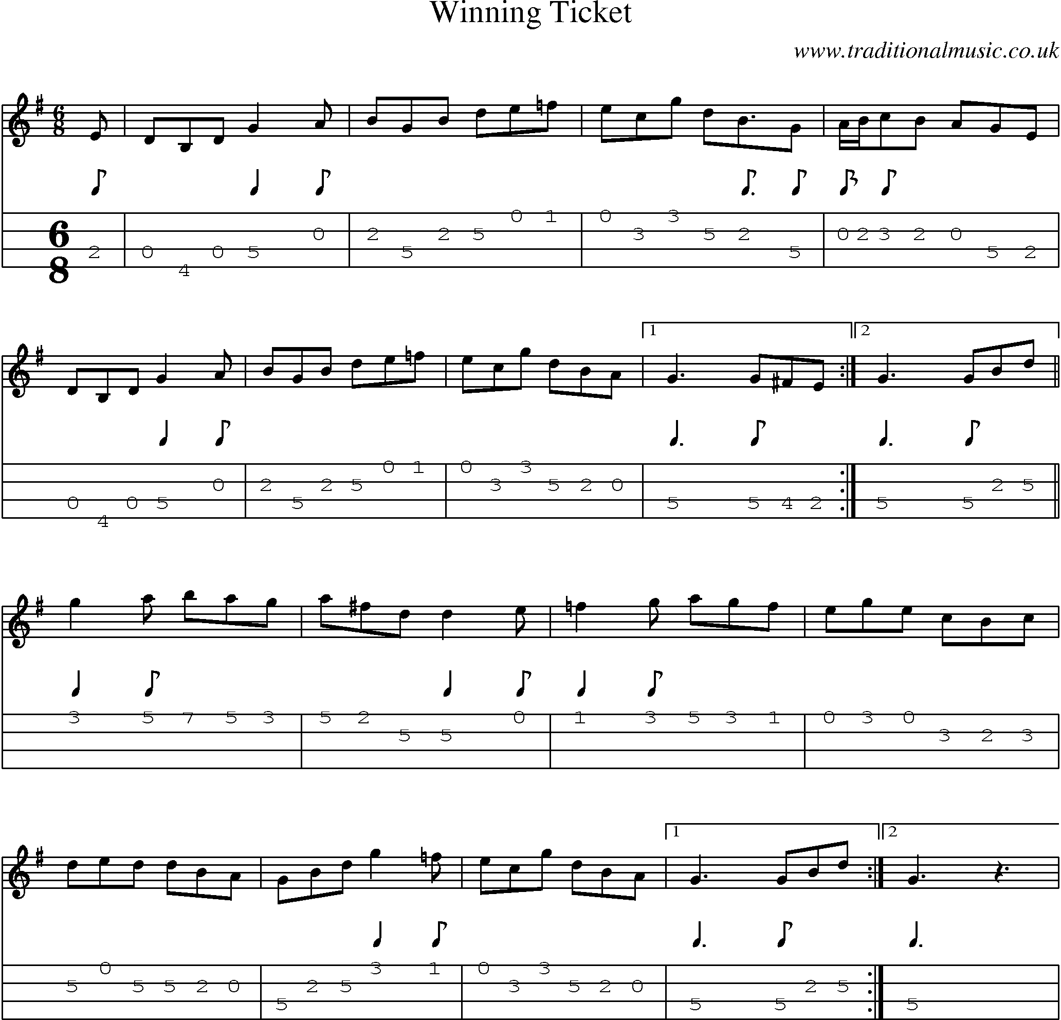 Music Score and Mandolin Tabs for Winning Ticket