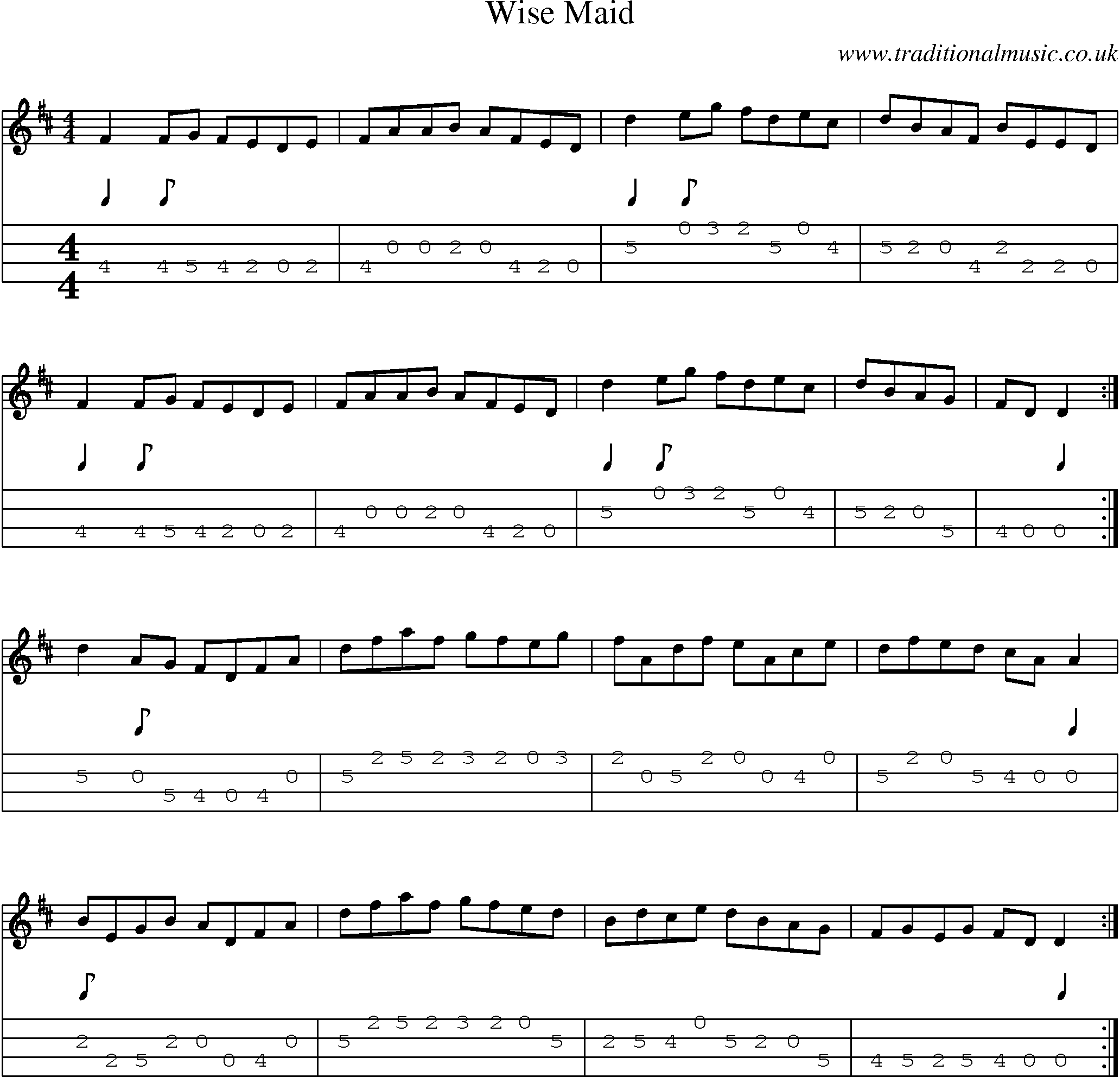 Music Score and Mandolin Tabs for Wise Maid
