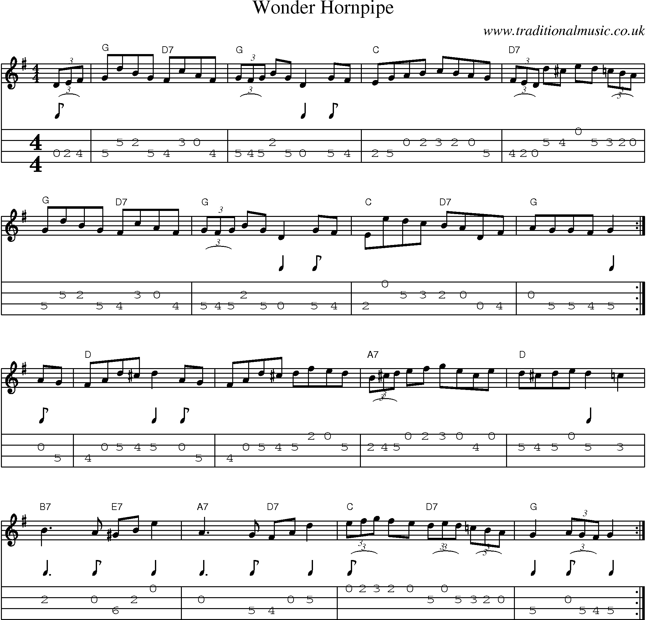 Music Score and Mandolin Tabs for Wonder Hornpipe