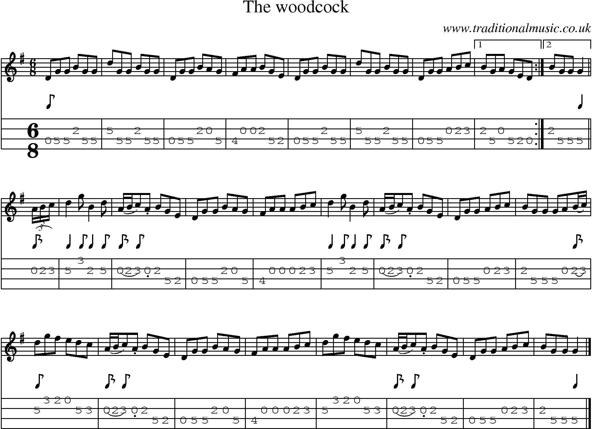 Music Score and Mandolin Tabs for Woodcock