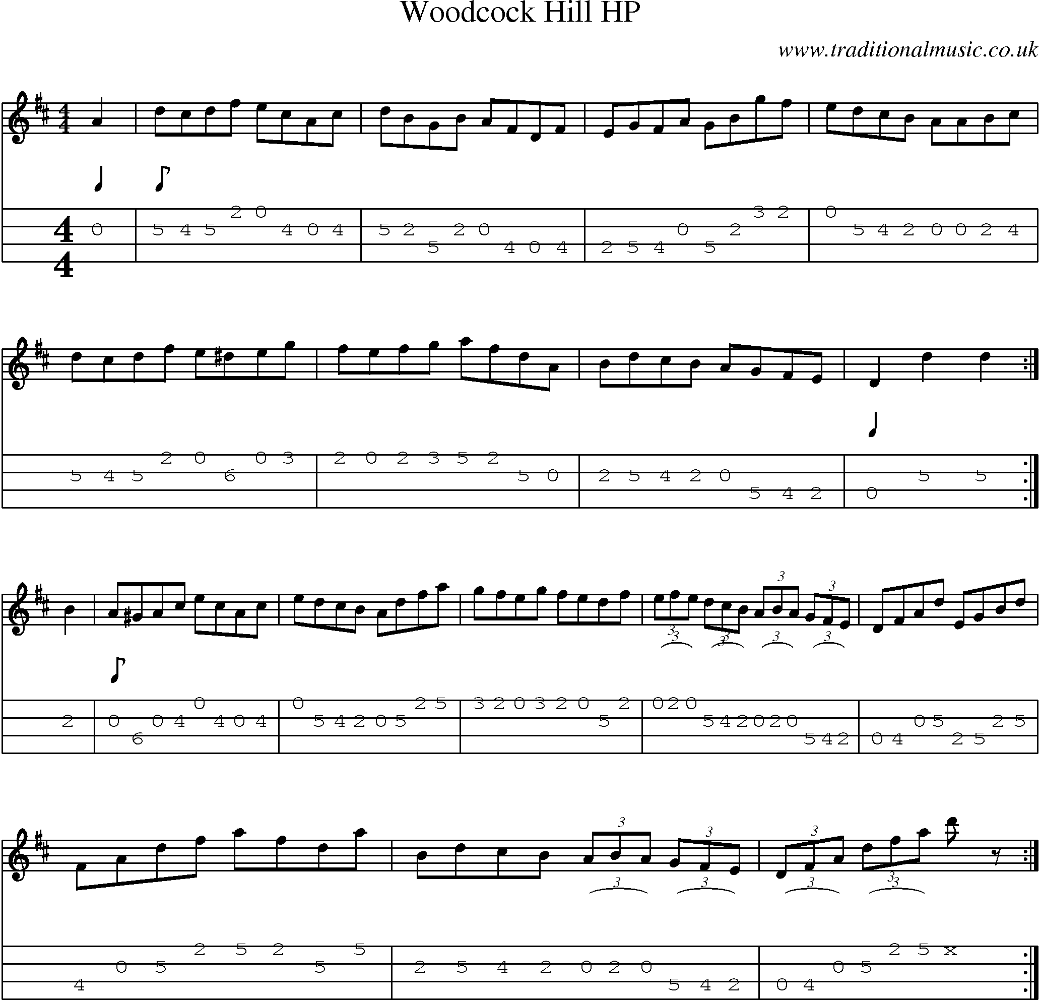 Music Score and Mandolin Tabs for Woodcock Hill