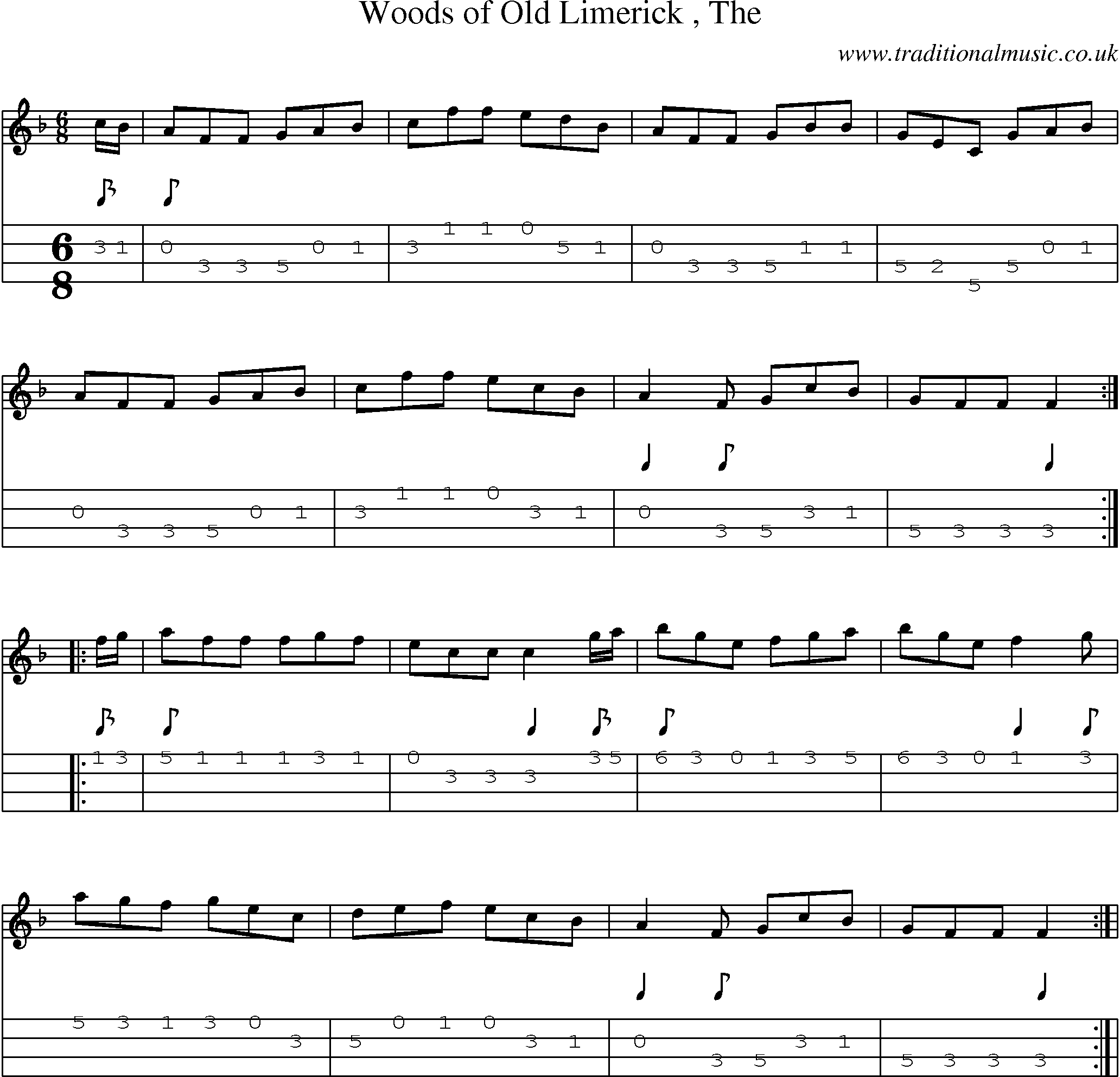 Music Score and Mandolin Tabs for Woods Of Old Limerick
