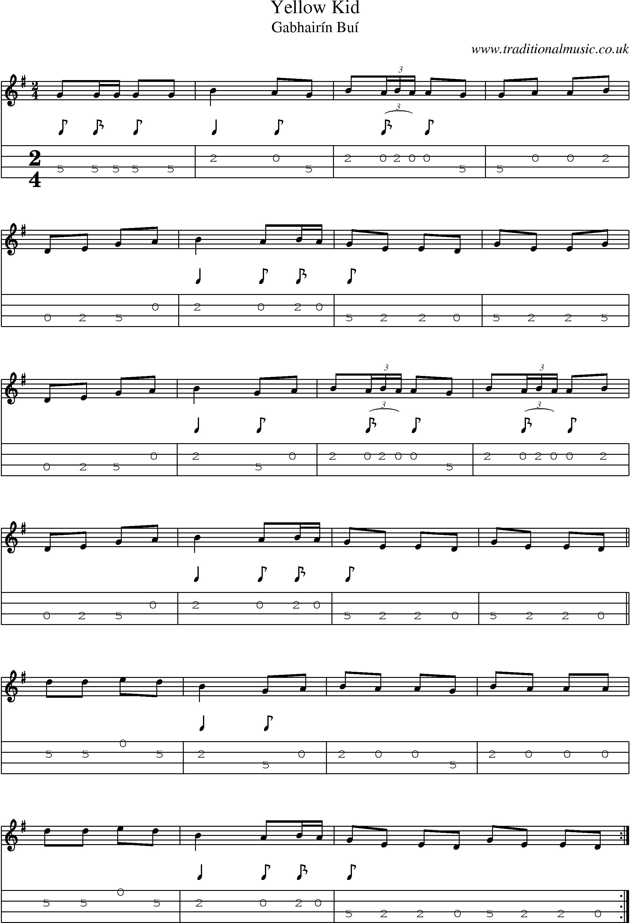 Music Score and Mandolin Tabs for Yellow Kid