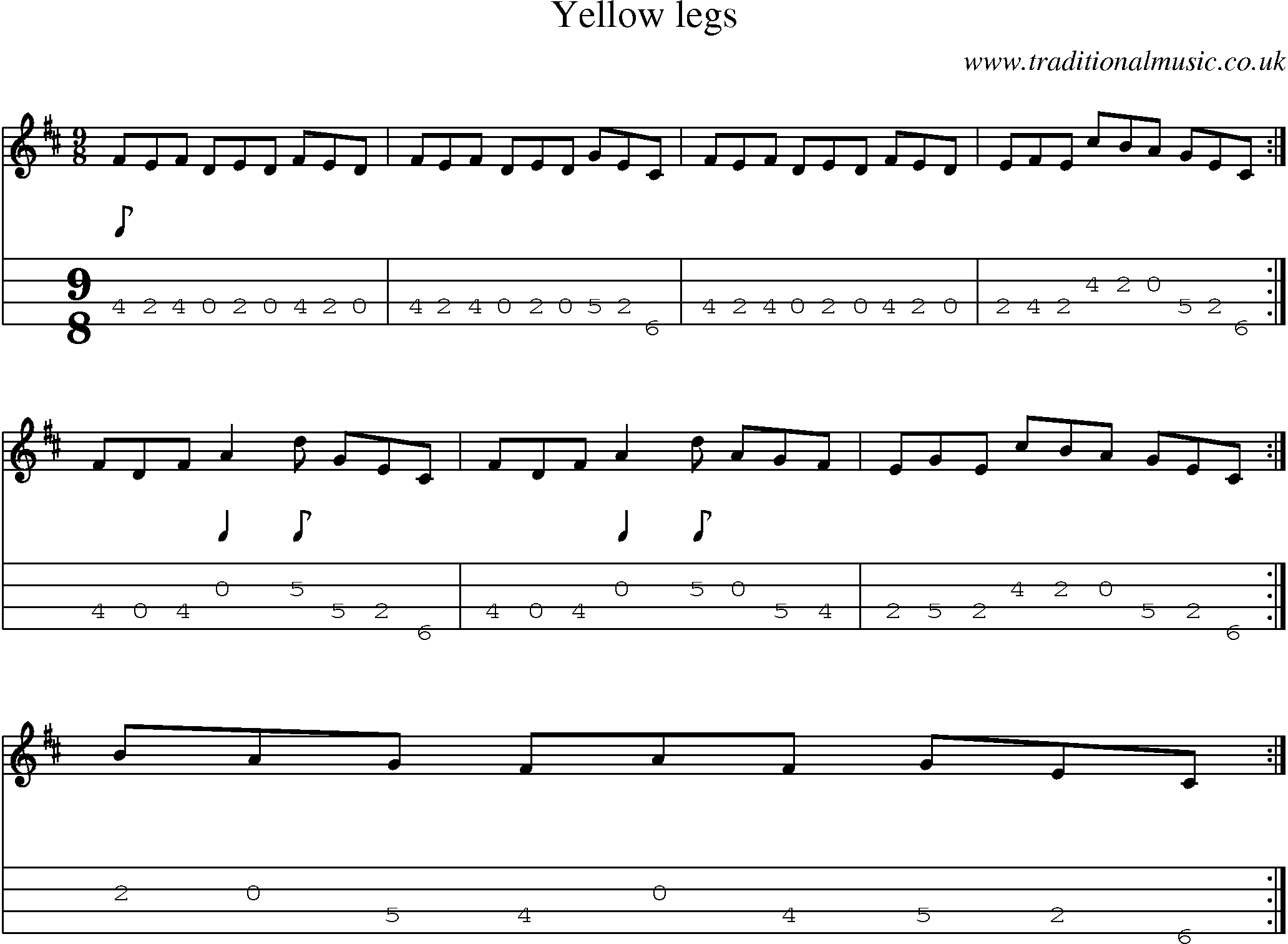 Music Score and Mandolin Tabs for Yellow Legs