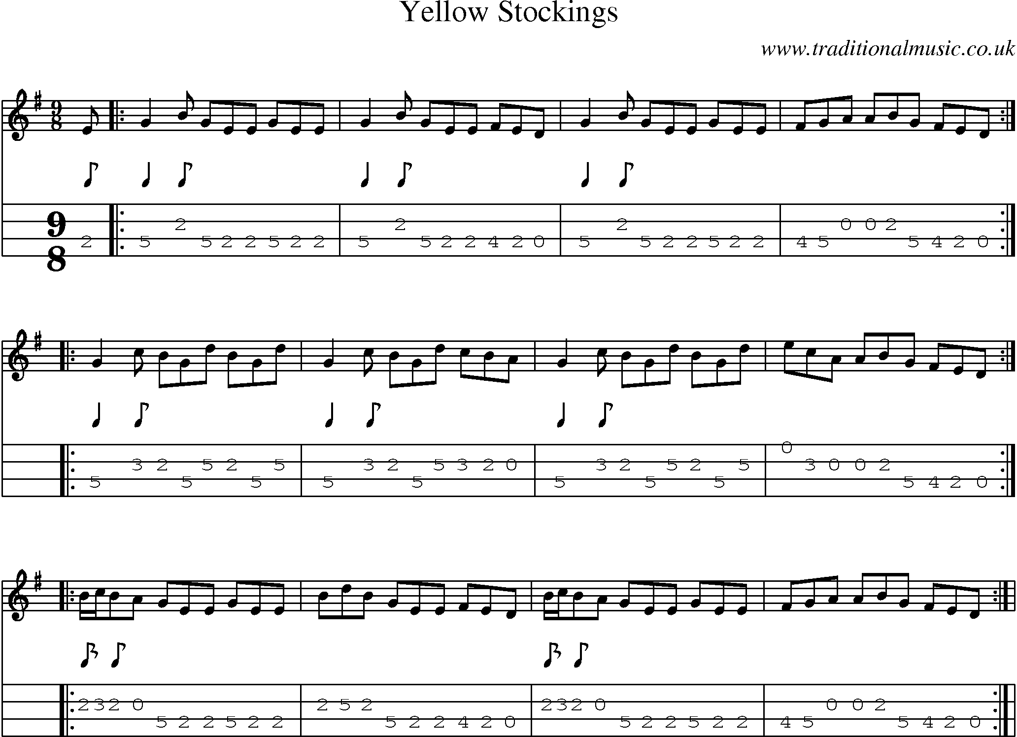 Music Score and Mandolin Tabs for Yellow Stockings