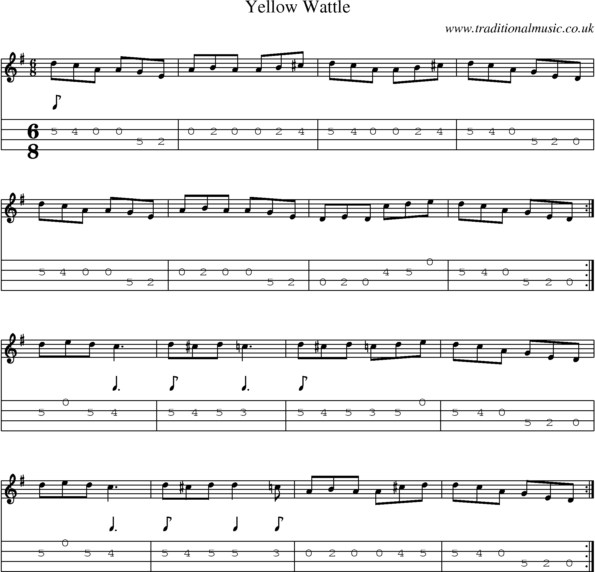 Music Score and Mandolin Tabs for Yellow Wattle