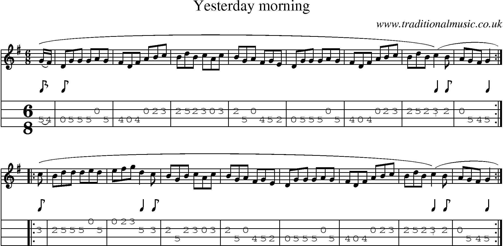 Music Score and Mandolin Tabs for Yesterday Morning