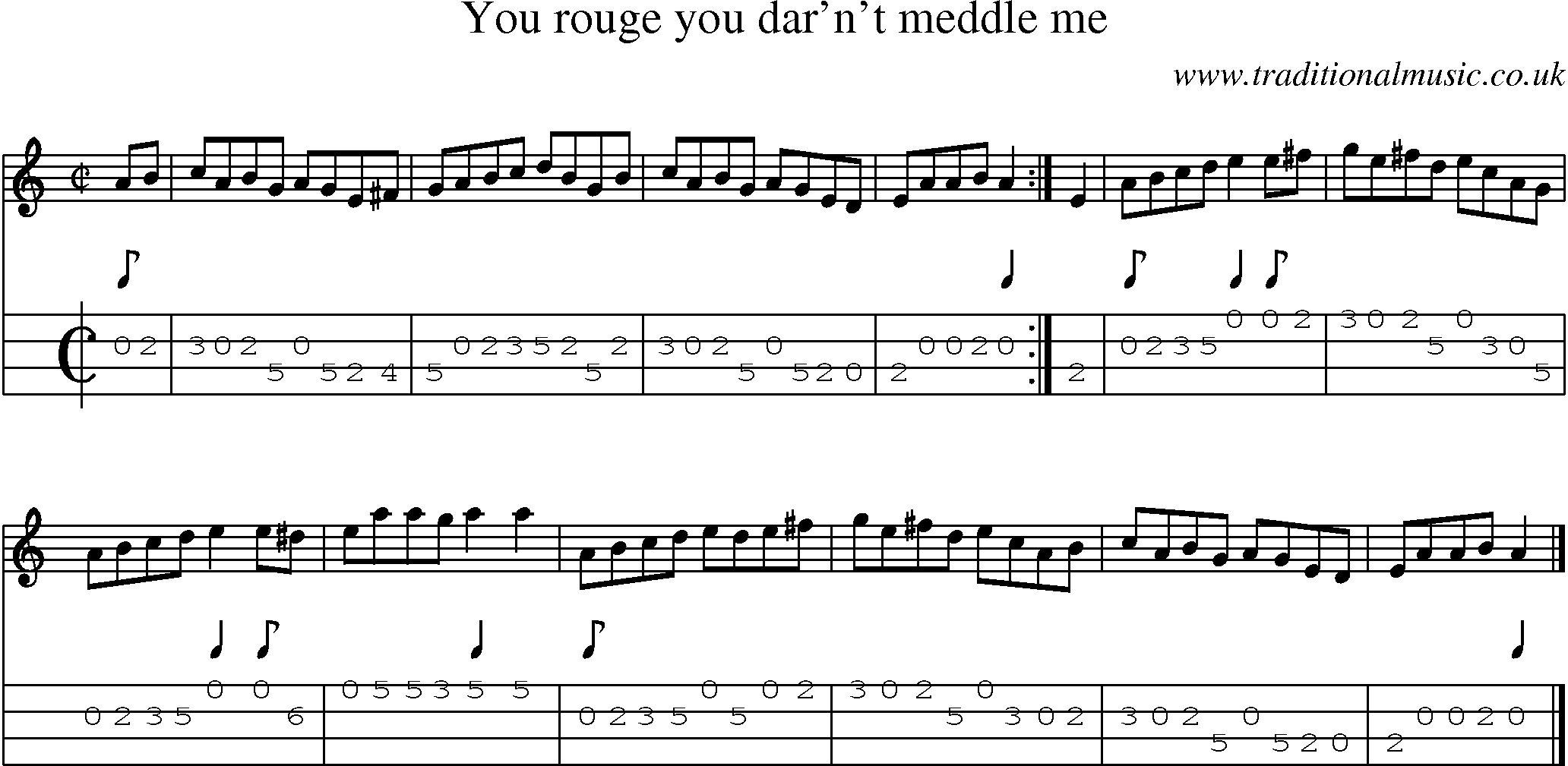 Music Score and Mandolin Tabs for You Rouge You Darnt Meddle Me