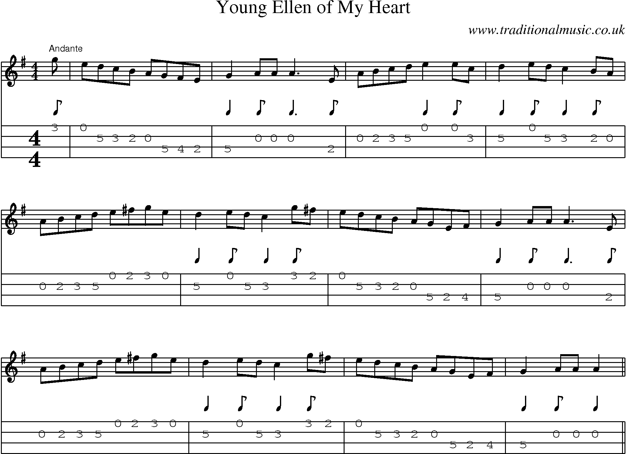 Music Score and Mandolin Tabs for Young Ellen Of My Heart