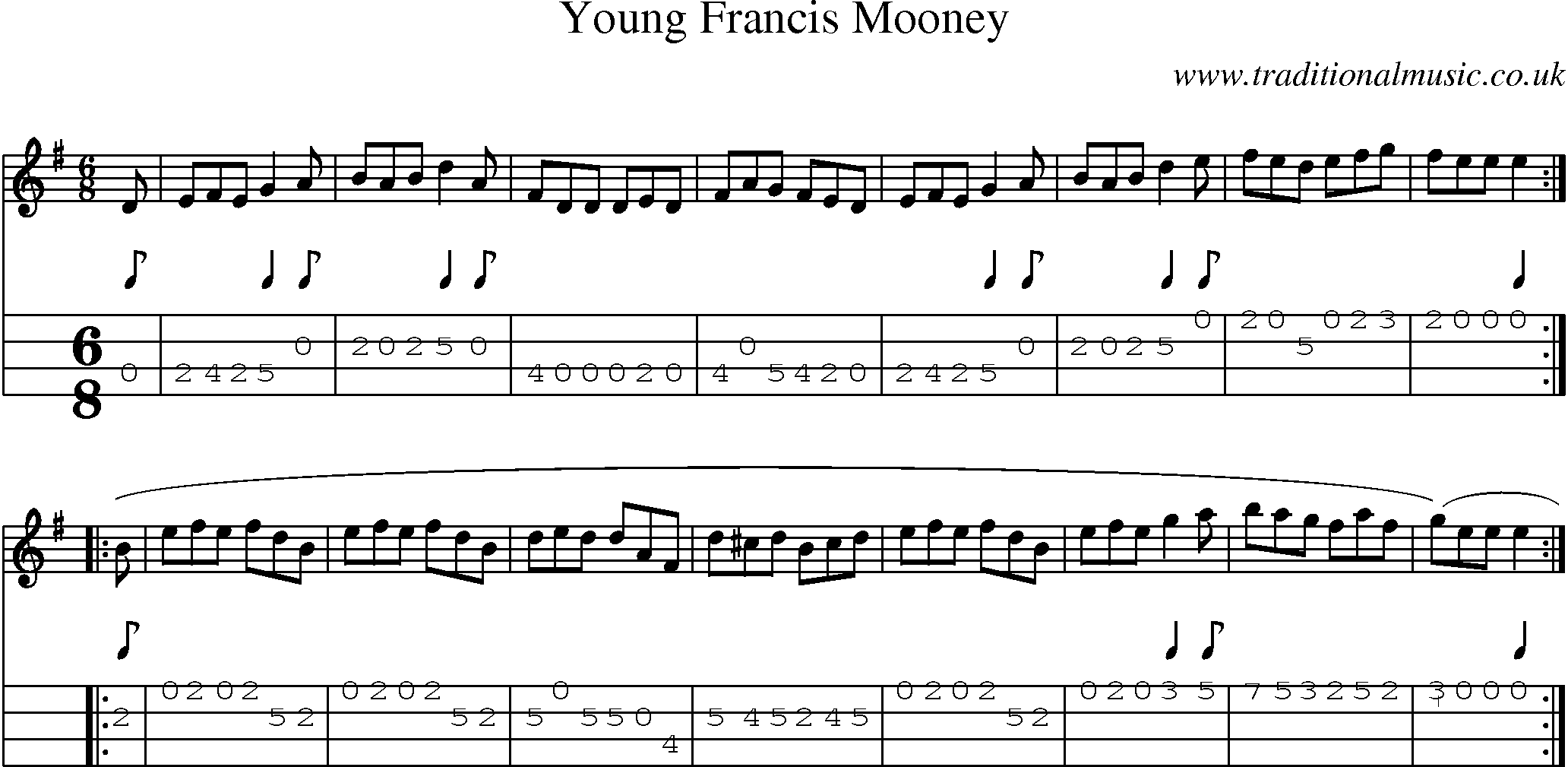 Music Score and Mandolin Tabs for Young Francis Mooney