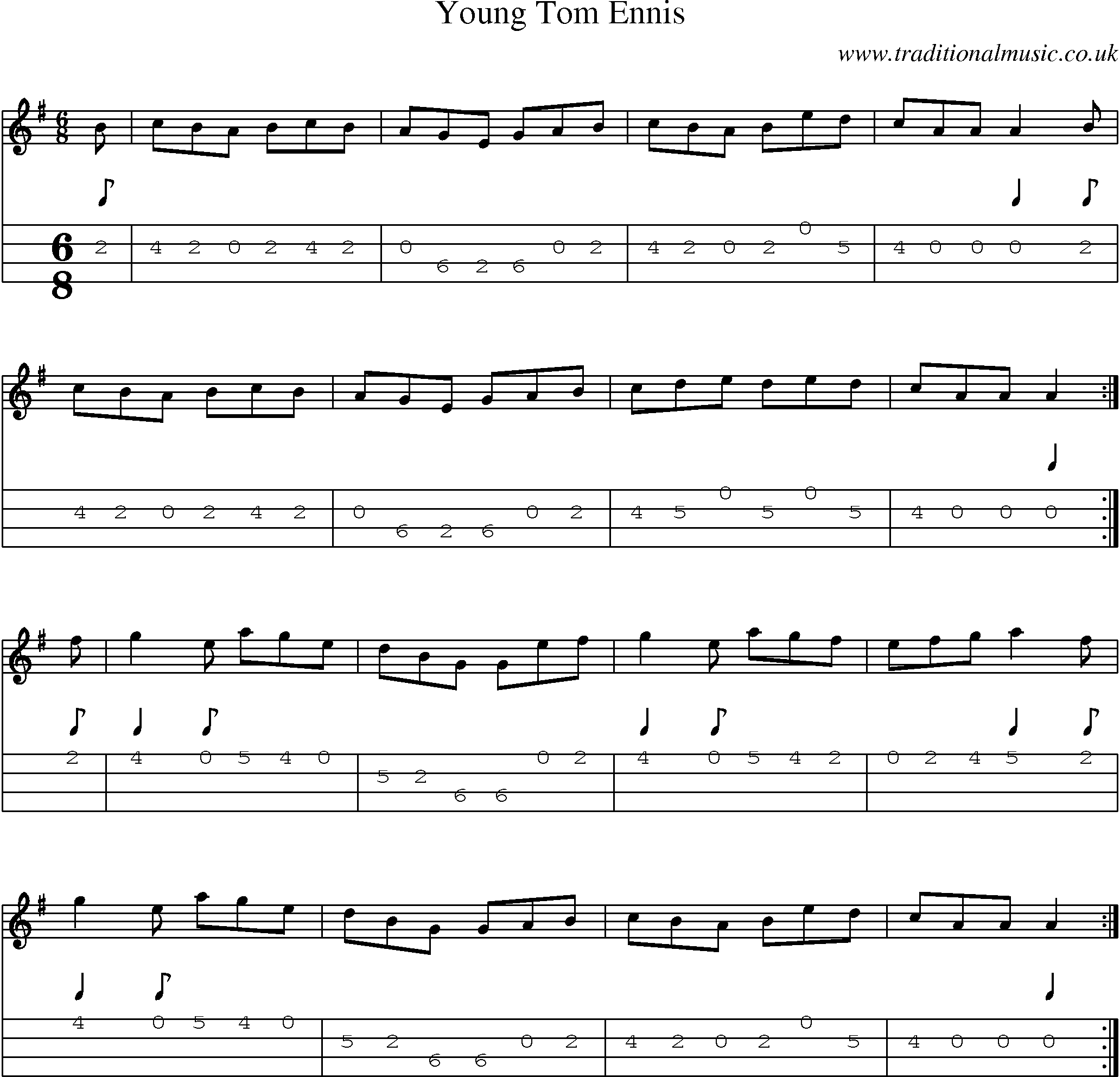 Music Score and Mandolin Tabs for Young Tom Ennis