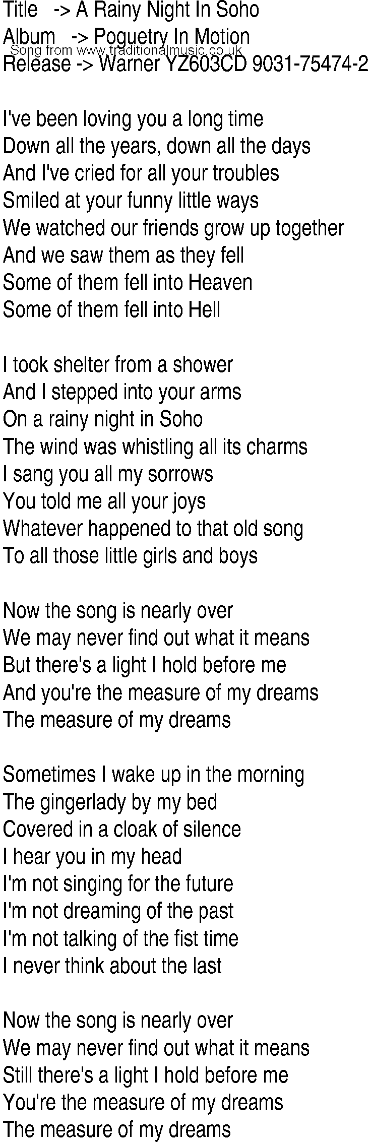 Irish Music Song And Ballad Lyrics For A Rainy Night In Soho