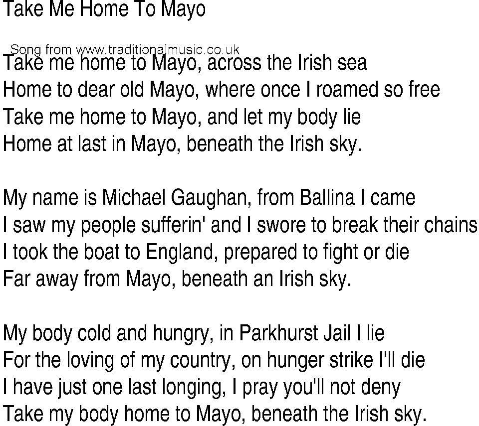 Irish Music, Song and Ballad Lyrics for: Take Me Home To Mayo Let Me Take Care Of You Blues Song