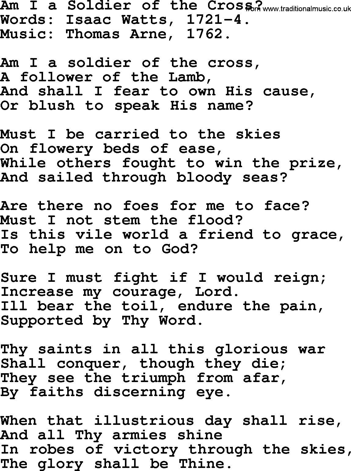 Isaac Watts Christian hymn: Am I a Soldier of the Cross_- lyricss