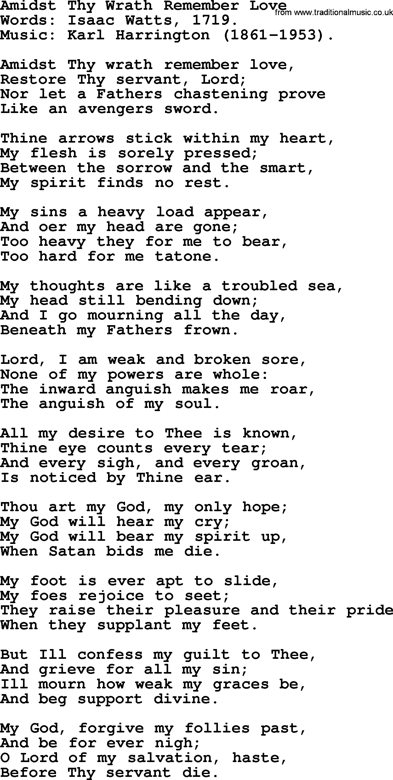 Isaac Watts Christian hymn: Amidst Thy Wrath Remember Love- lyricss
