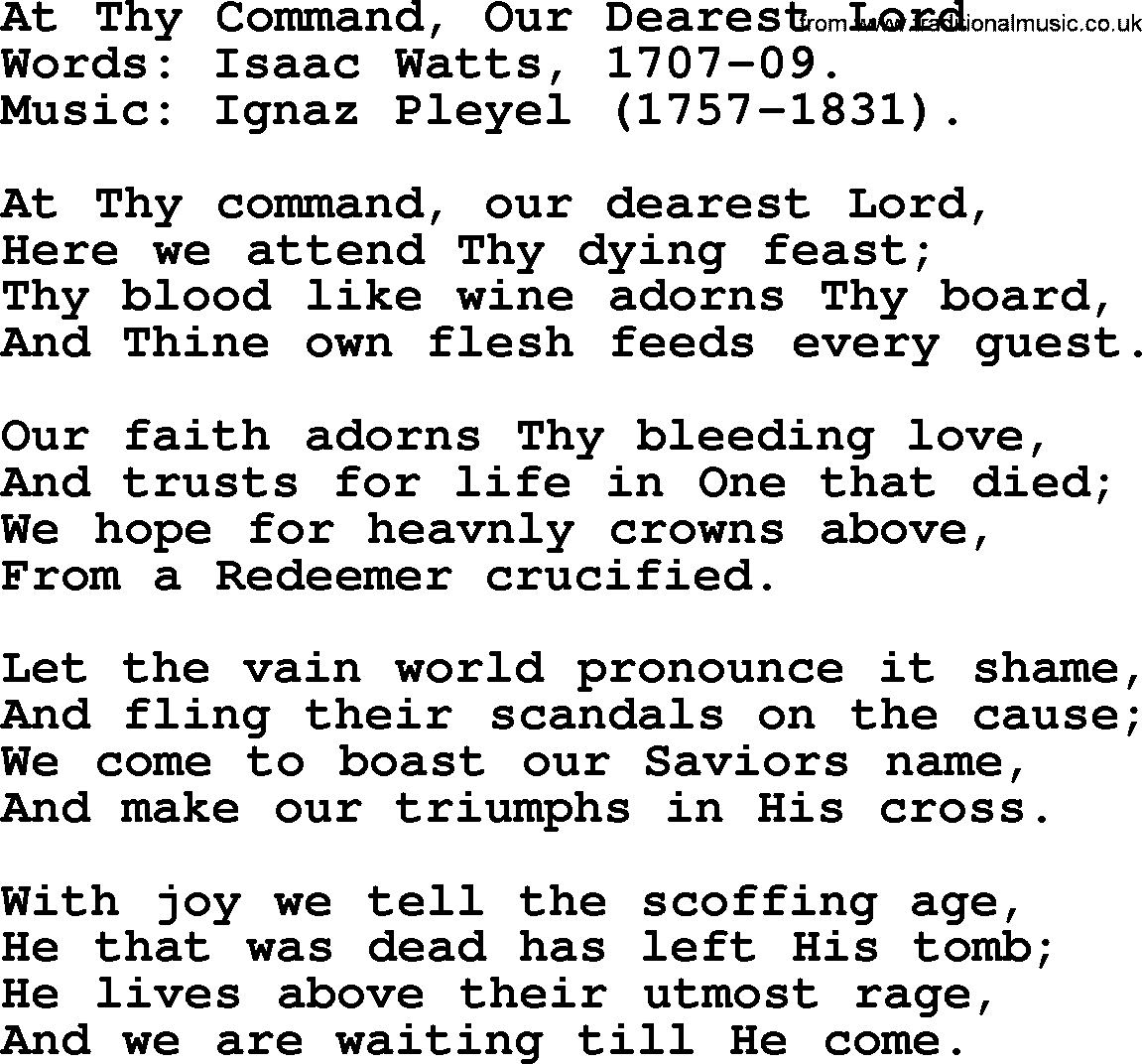 Isaac Watts Christian hymn: At Thy Command, Our Dearest Lord- lyricss
