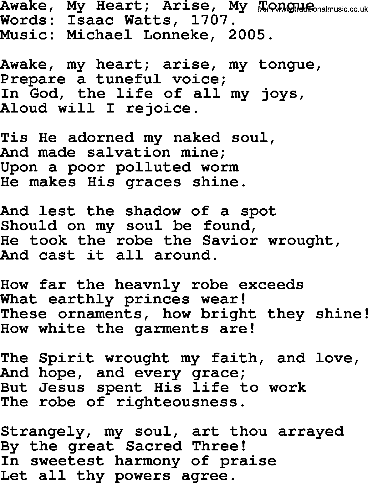 Isaac Watts Christian hymn: Awake, My Heart; Arise, My Tongue- lyricss