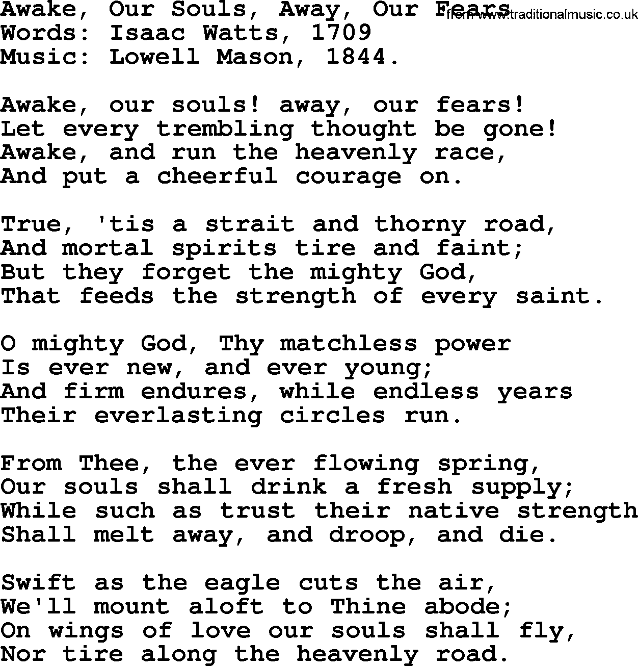 Isaac Watts Christian hymn: Awake, Our Souls, Away, Our Fears- lyricss
