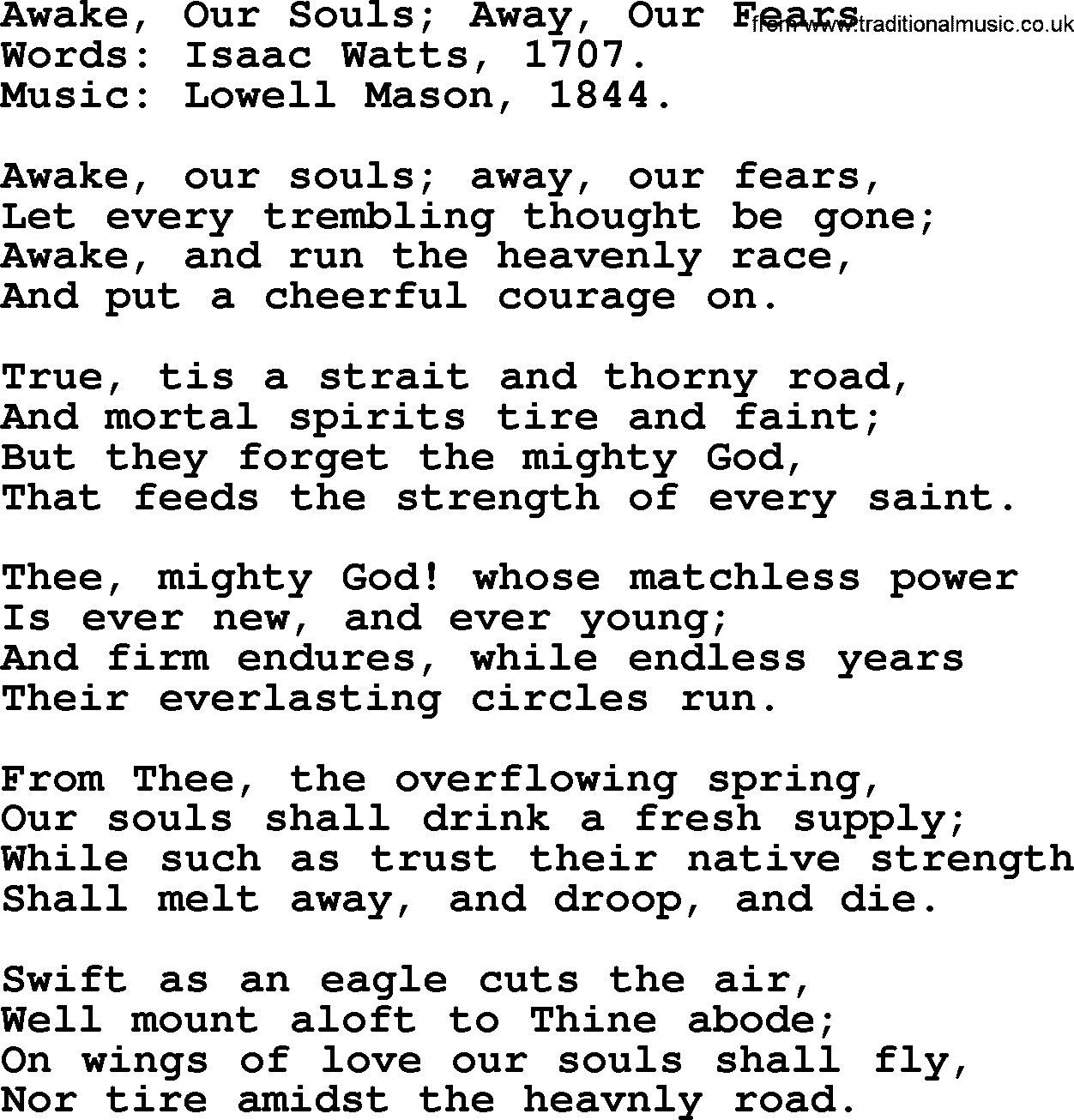 Isaac Watts Christian hymn: Awake, Our Souls; Away, Our Fears- lyricss