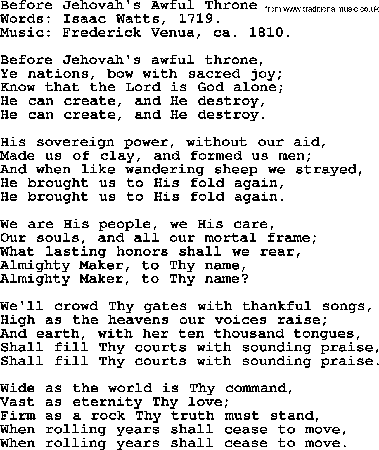Isaac Watts Christian hymn: Before Jehovah's Awful Throne- lyricss