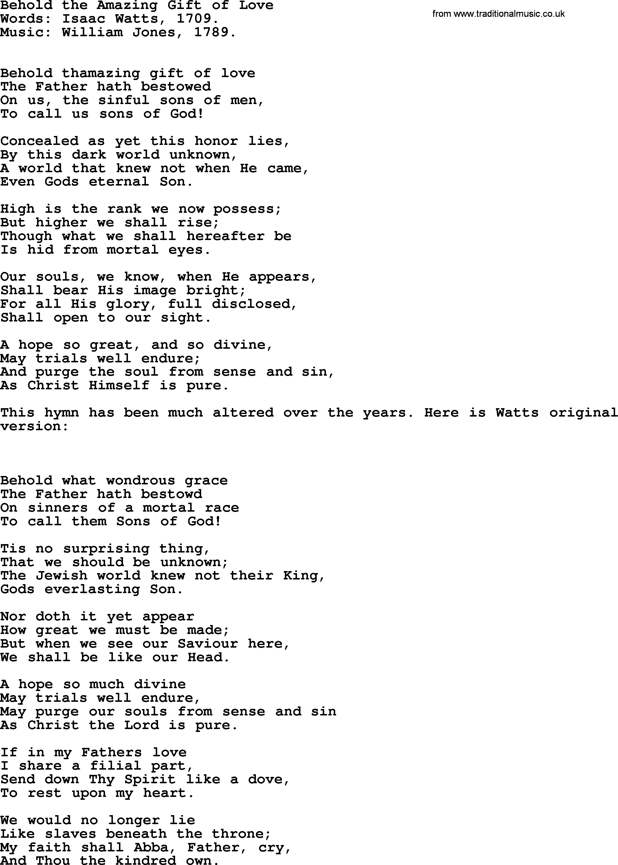 Isaac Watts Christian hymn: Behold the Amazing Gift of Love- lyricss