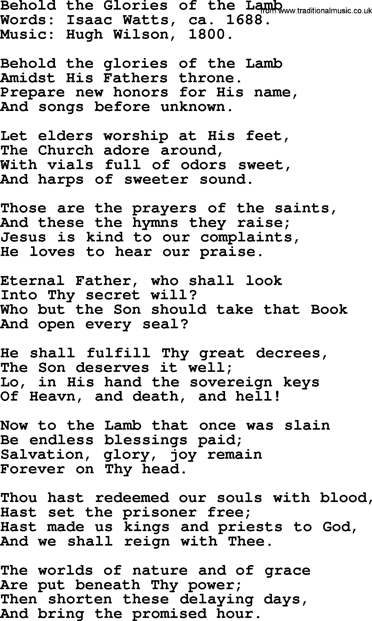 Isaac Watts Christian hymn: Behold the Glories of the Lamb- lyricss