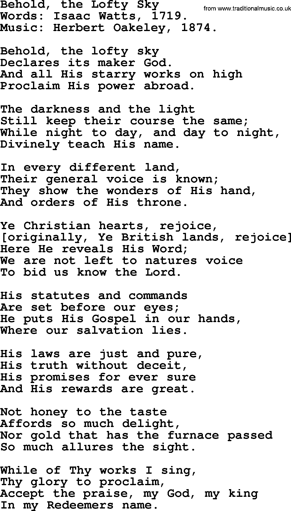 Isaac Watts Christian hymn: Behold, the Lofty Sky- lyricss