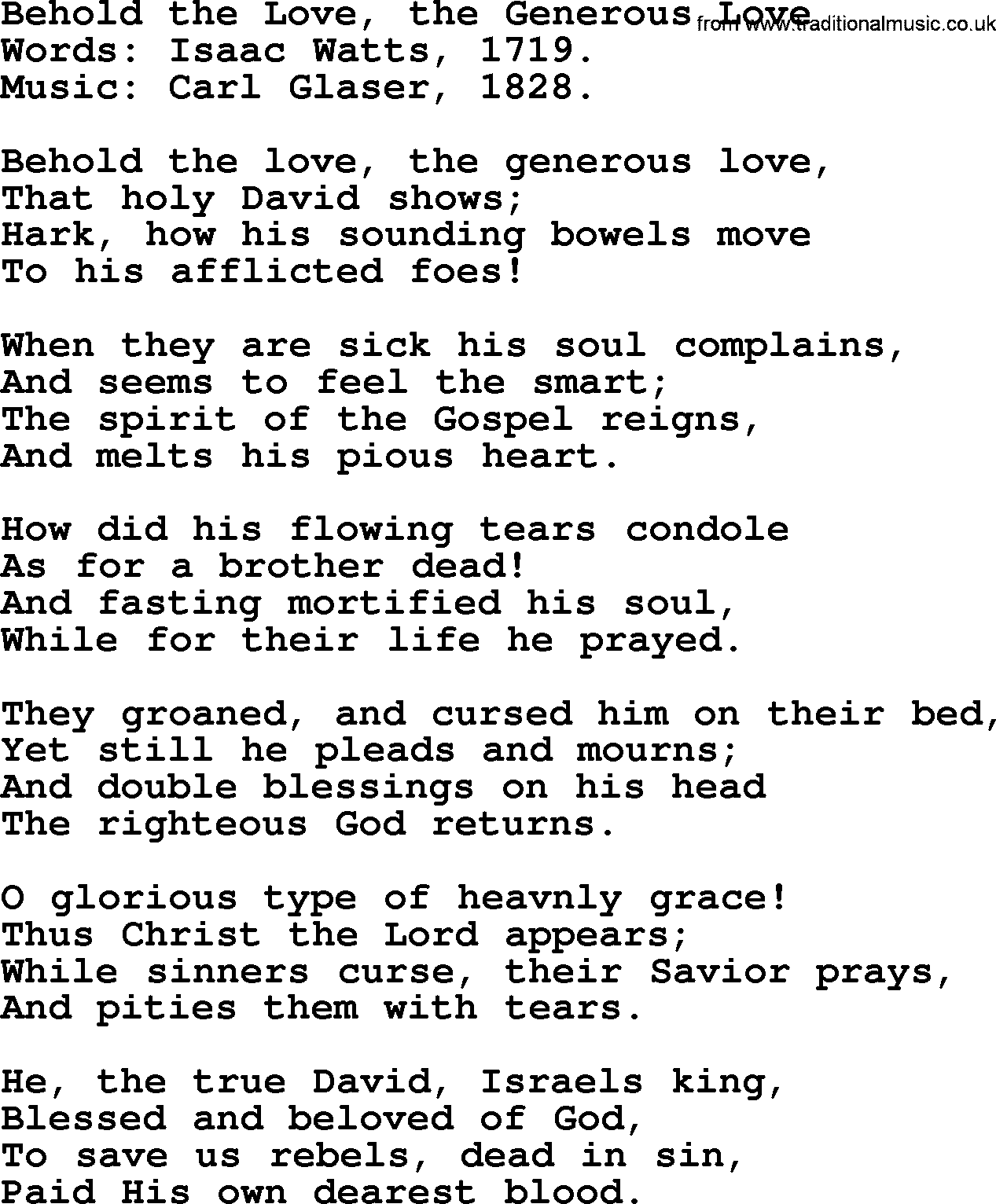 Isaac Watts Christian hymn: Behold the Love, the Generous Love- lyricss