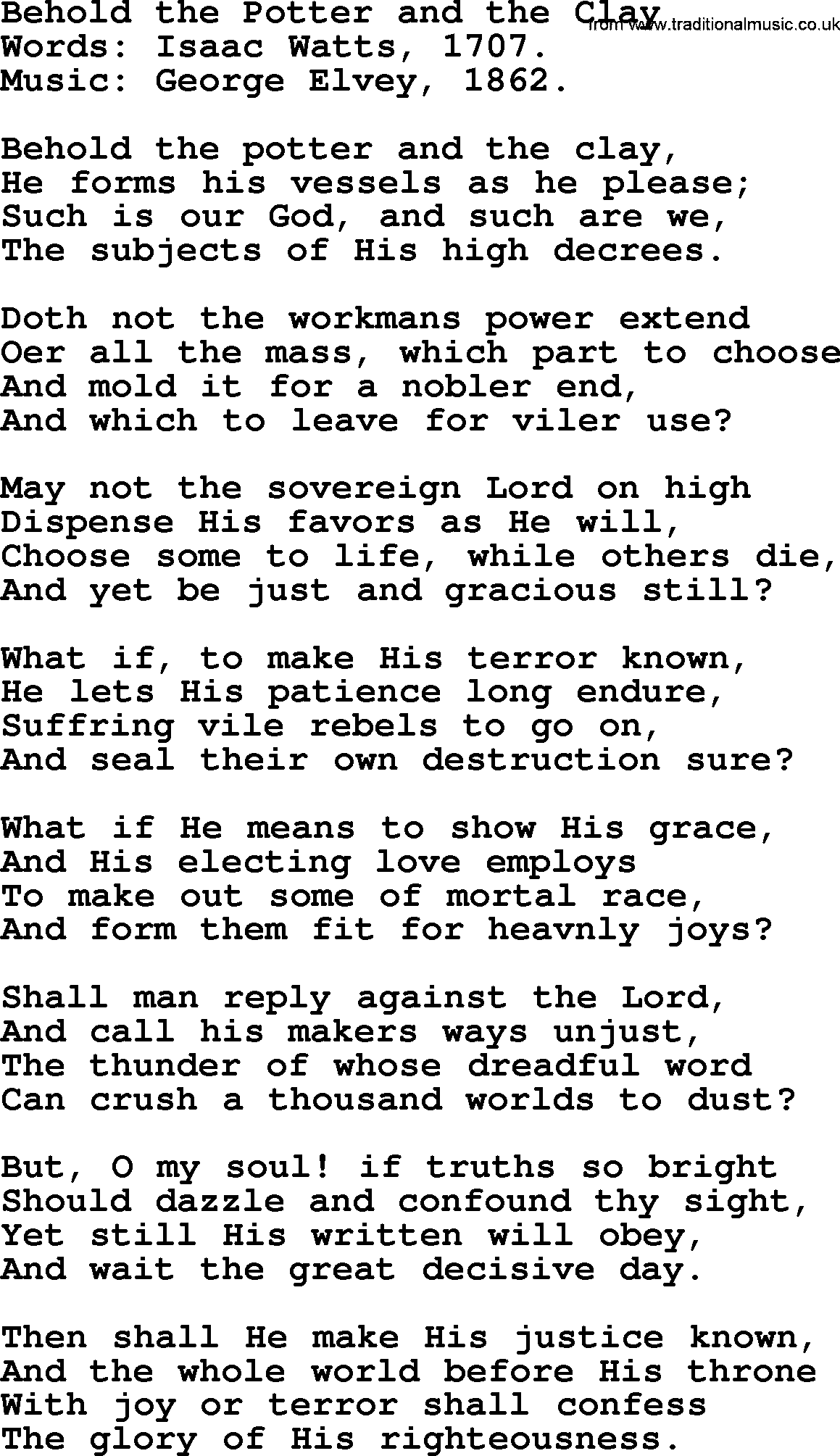 Isaac Watts Christian hymn: Behold the Potter and the Clay- lyricss