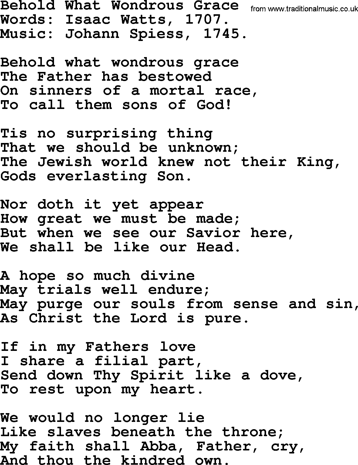 Isaac Watts Christian hymn: Behold What Wondrous Grace- lyricss