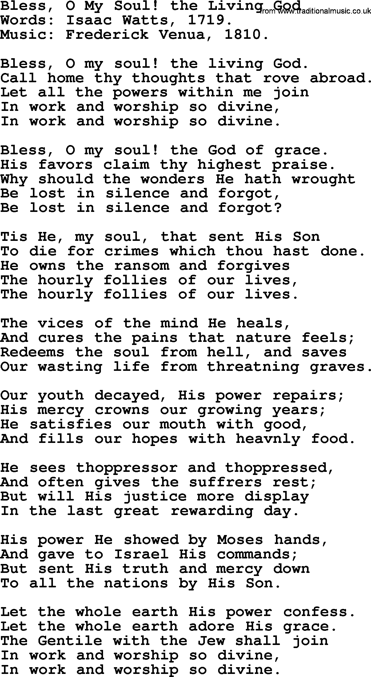 Isaac Watts Christian hymn: Bless, O My Soul! the Living God- lyricss