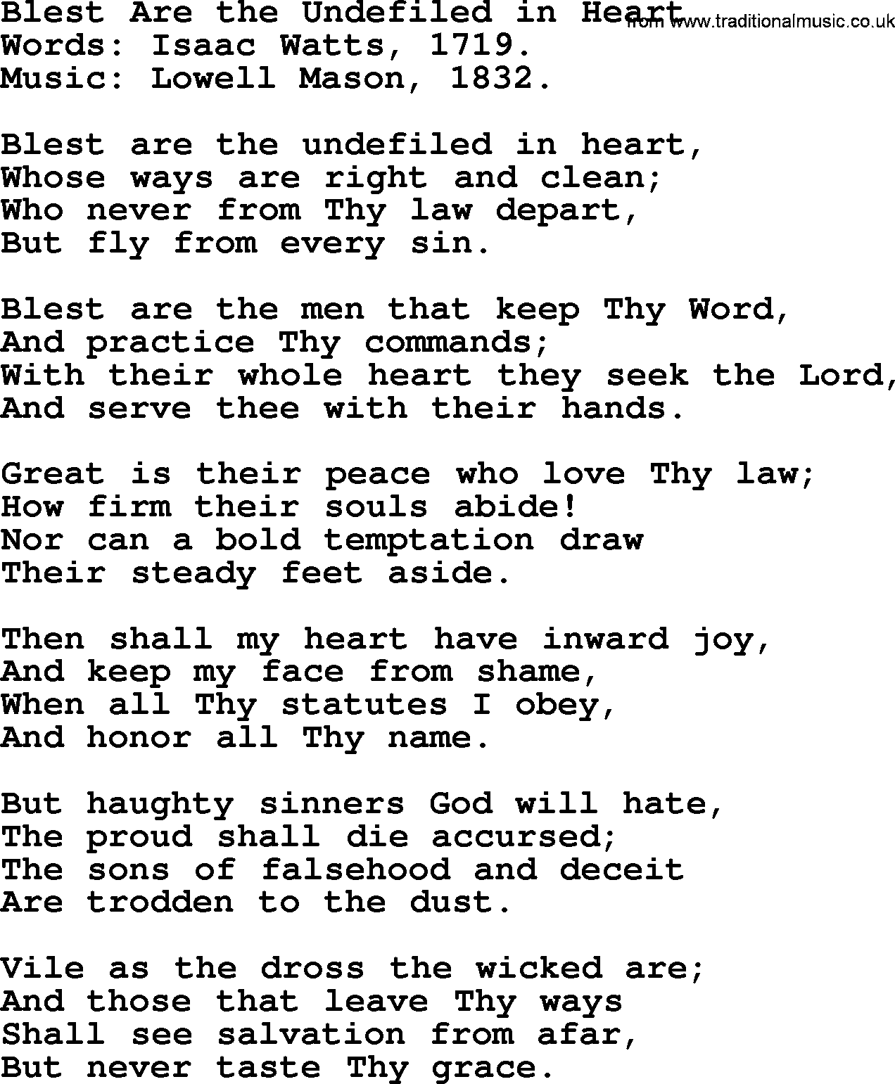 Isaac Watts Christian hymn: Blest Are the Undefiled in Heart- lyricss