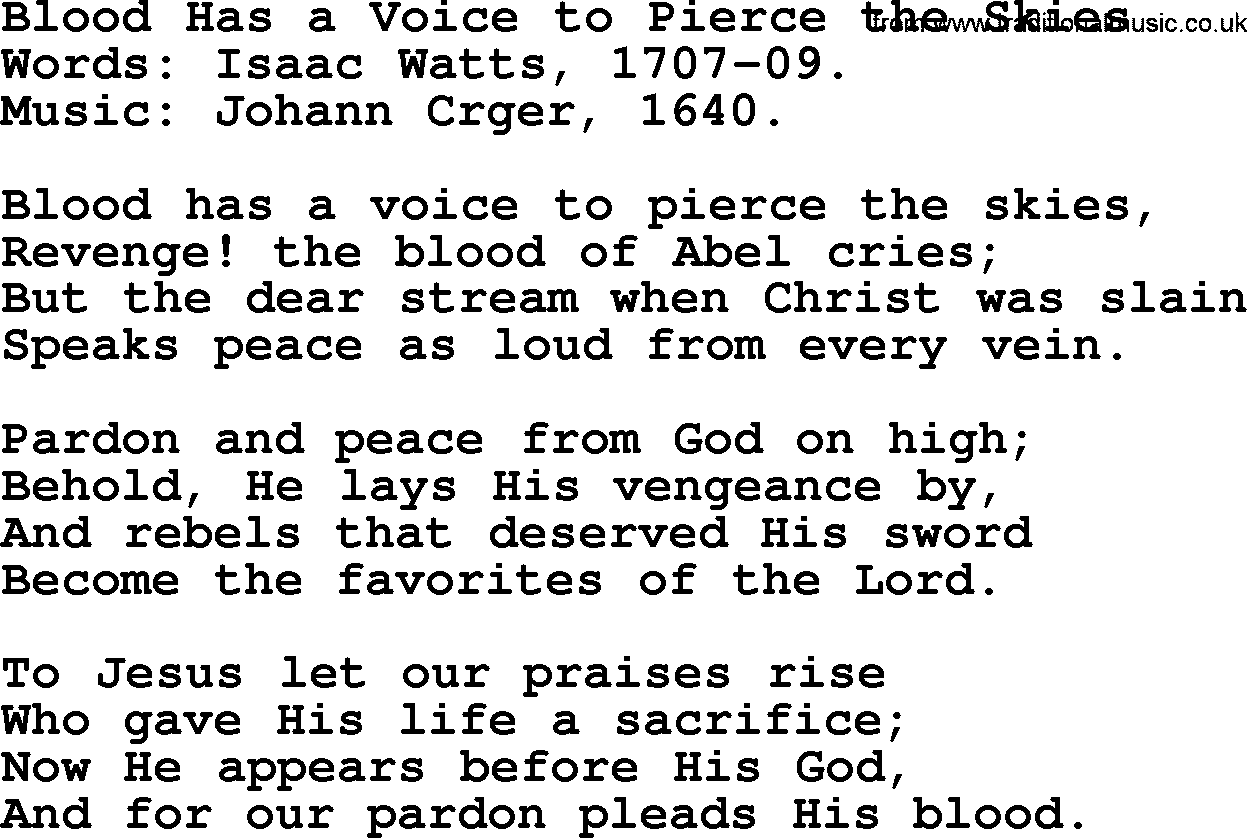 Isaac Watts Christian hymn: Blood Has a Voice to Pierce the Skies- lyricss