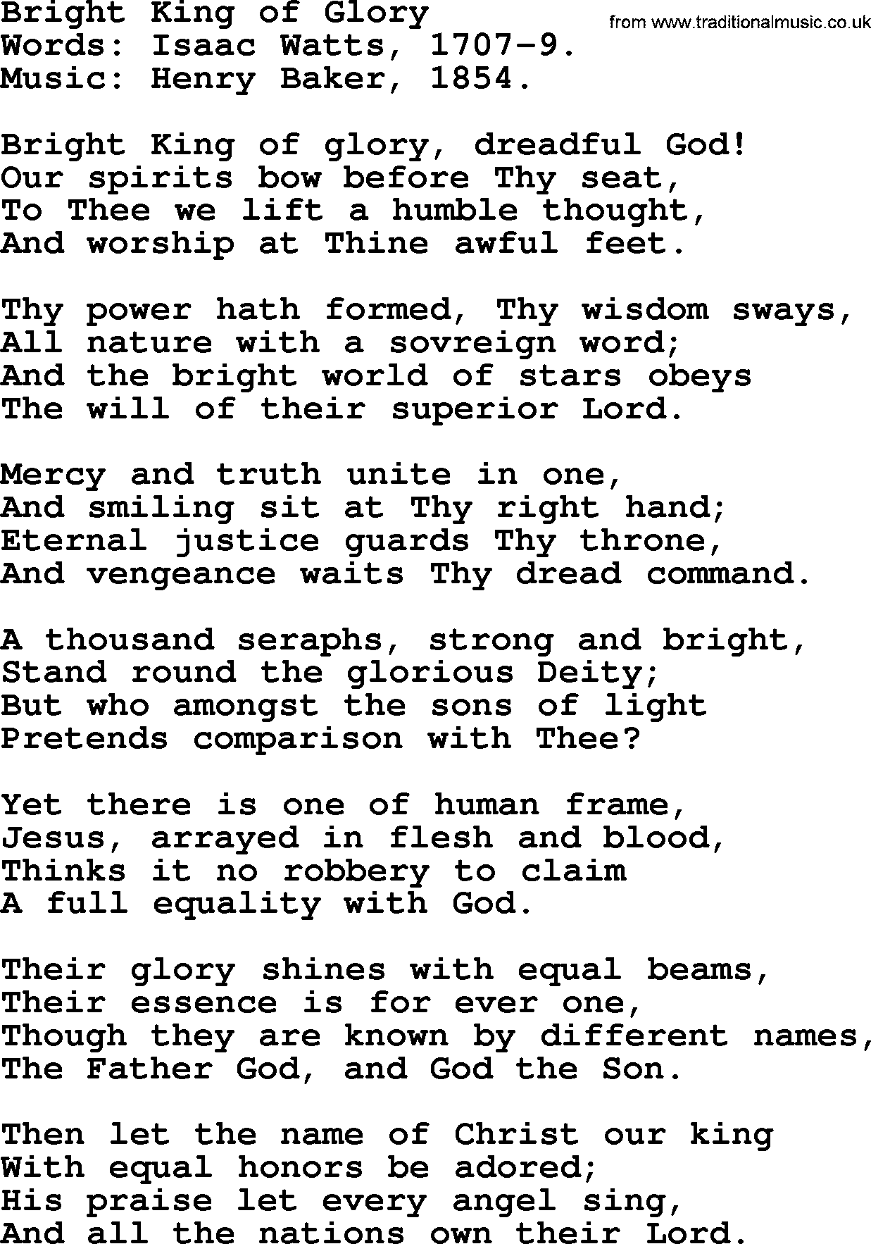 Isaac Watts Christian hymn: Bright King of Glory- lyricss