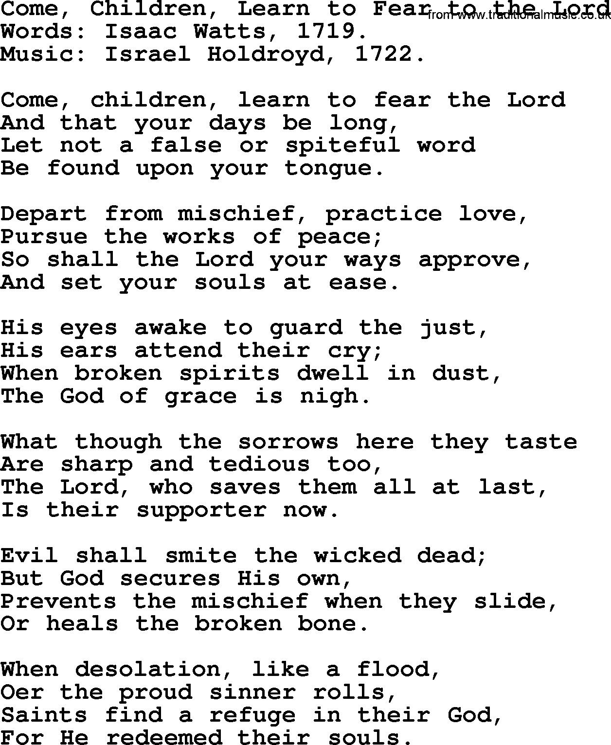Isaac Watts Christian hymn: Come, Children, Learn to Fear to the Lord- lyricss