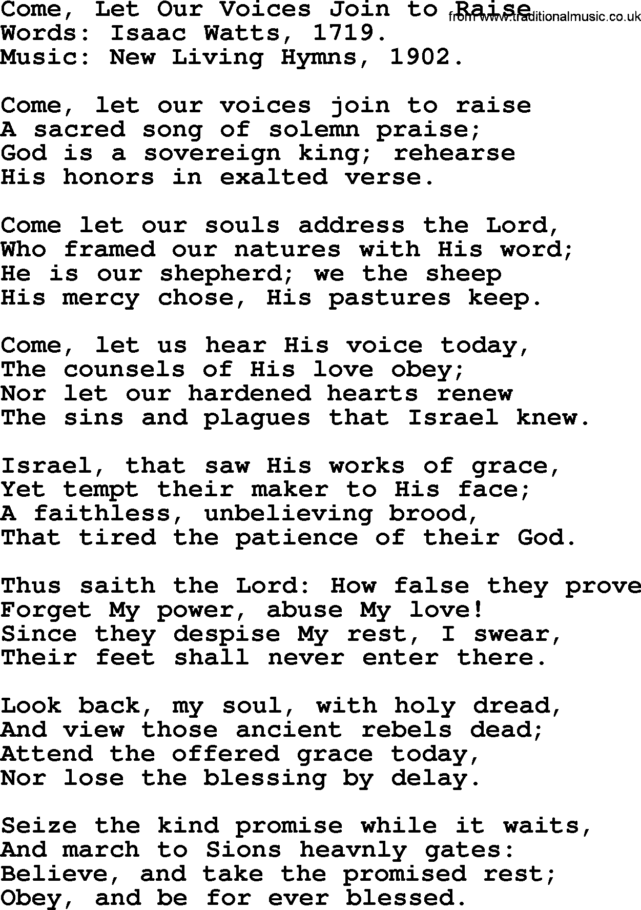 Isaac Watts Christian hymn: Come, Let Our Voices Join to Raise- lyricss