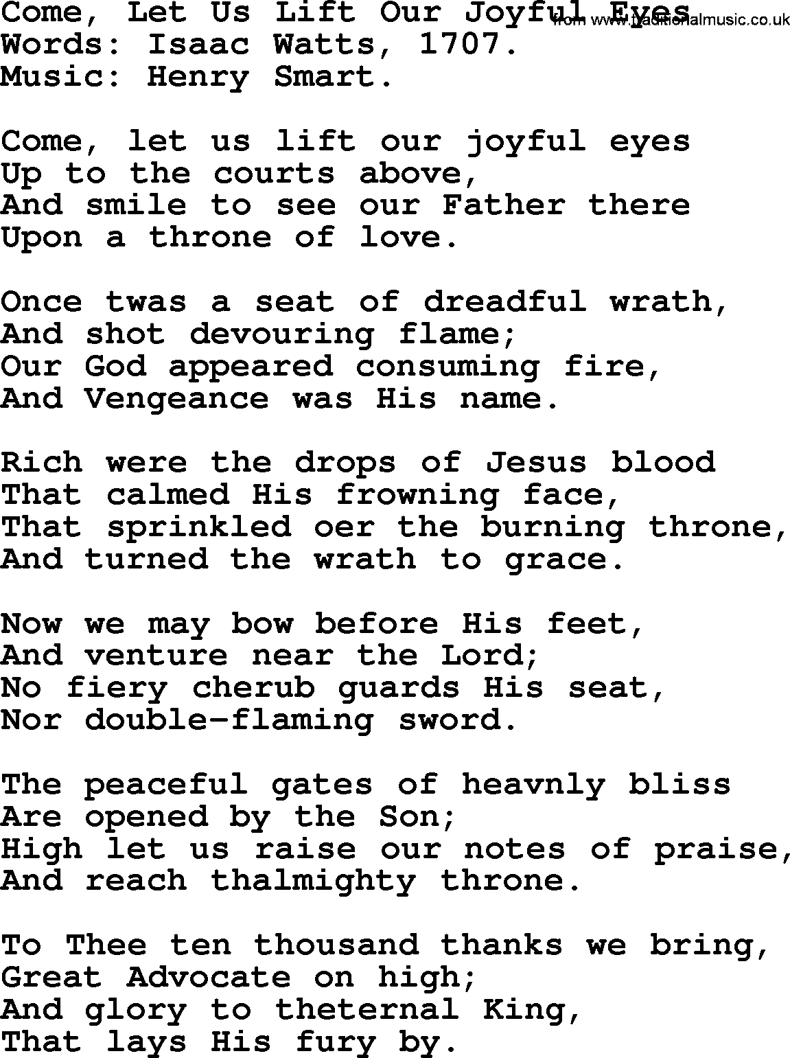 Isaac Watts Christian hymn: Come, Let Us Lift Our Joyful Eyes- lyricss