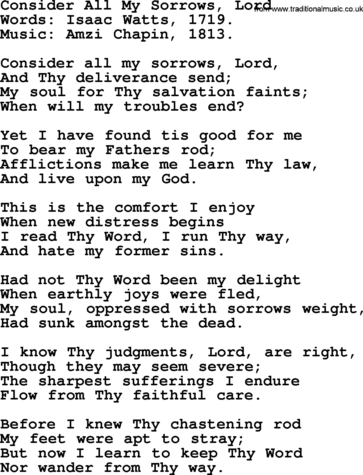 Isaac Watts Christian hymn: Consider All My Sorrows, Lord- lyricss