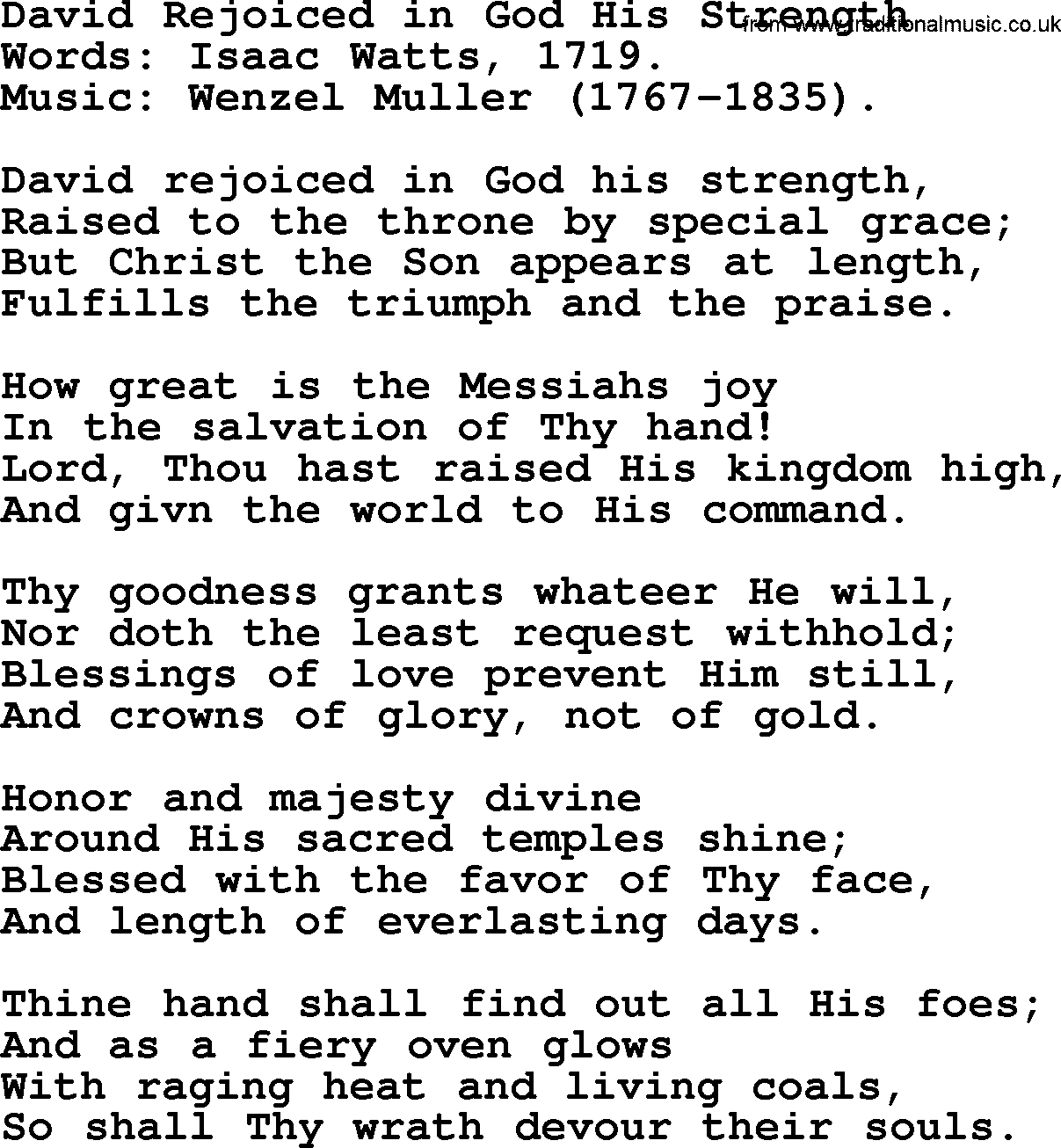 Isaac Watts Christian hymn: David Rejoiced in God His Strength- lyricss