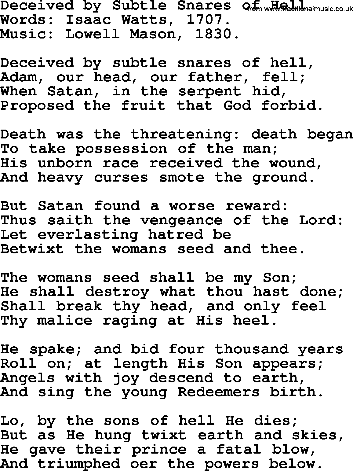 Isaac Watts Christian hymn: Deceived by Subtle Snares of Hell- lyricss